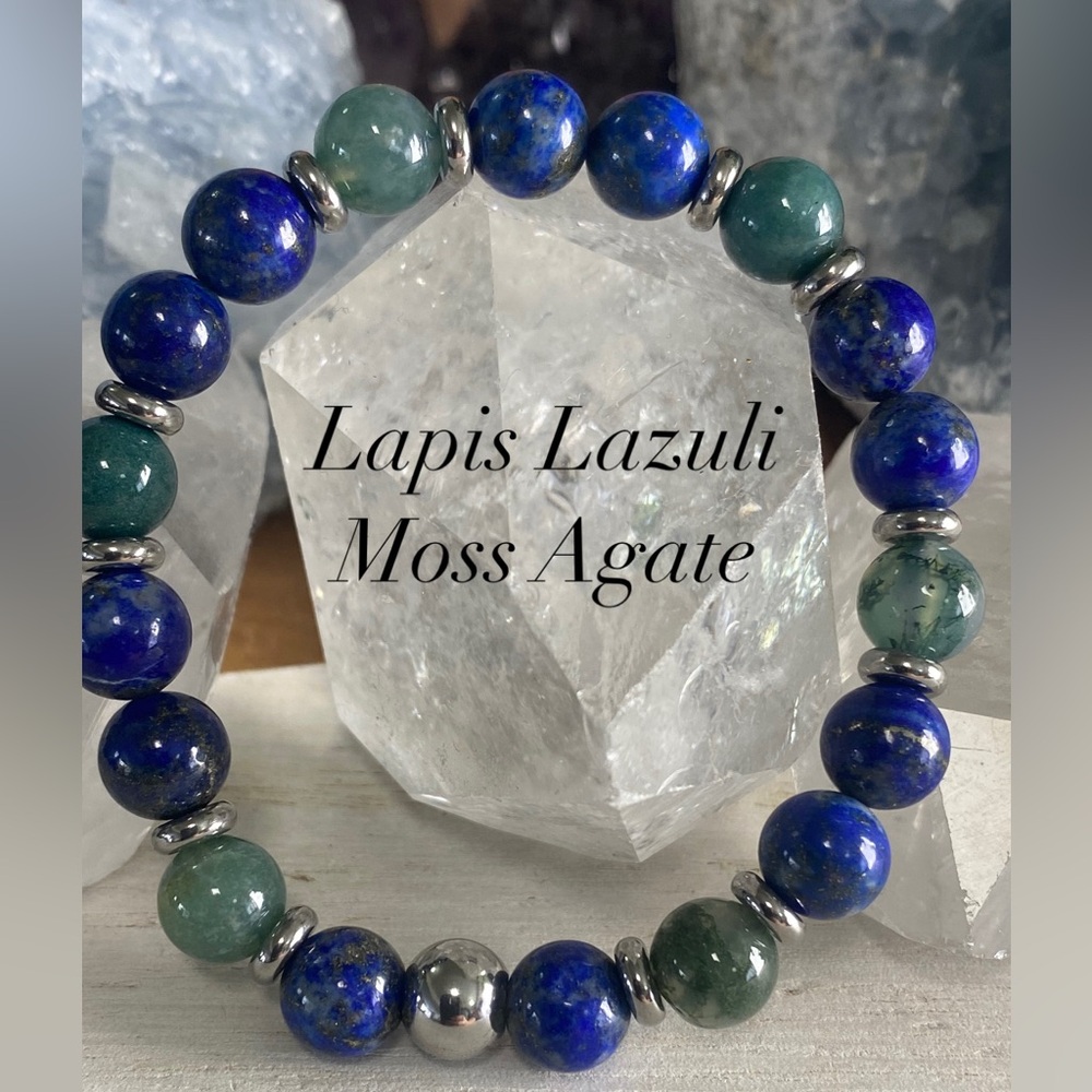 Lapis Lazuli & Moss Agate Gemstone Stretch Bracelet 8mm